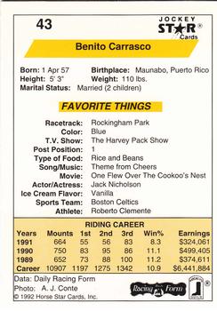 1992 Jockey Star #43 Benito Carrasco Back
